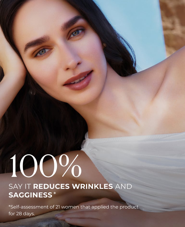 100% say it reduces wrinkles and sagginess 95% feel their skin is firmer, suppler, and more elastic  *Self-assessment of 21 women that applied the product for 28 days.