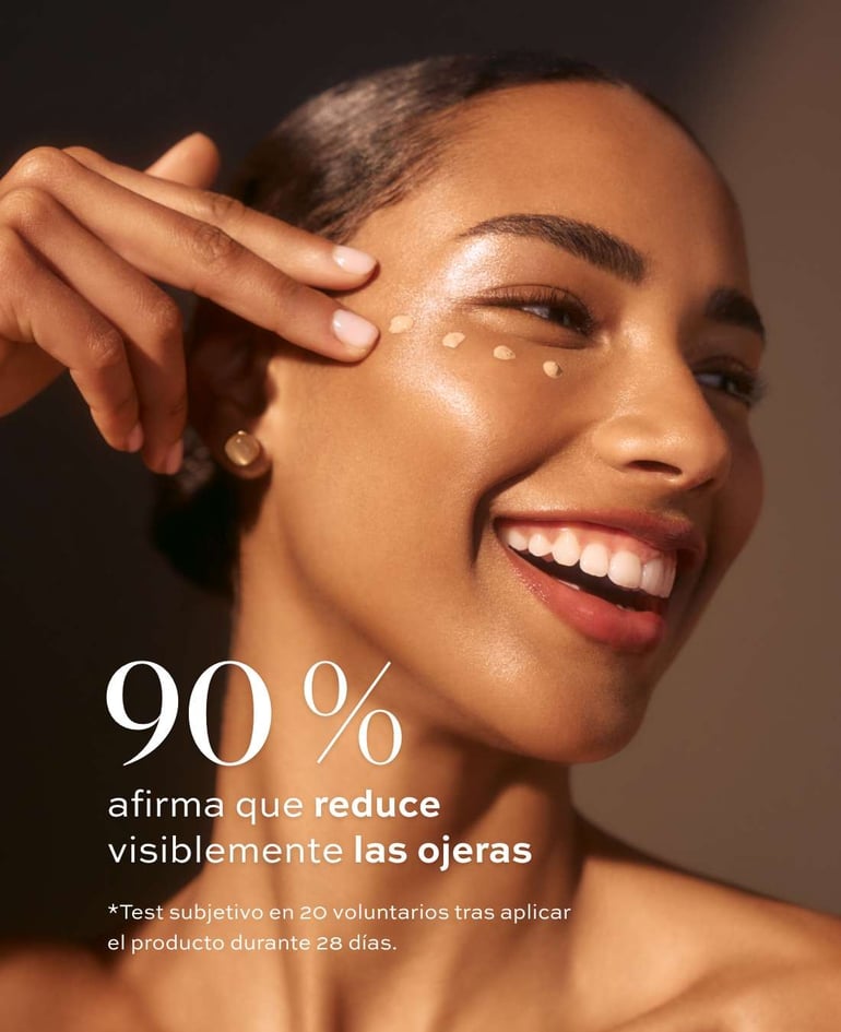 El 90% afirma que reduce visiblemente las ojeras  *Test subjetivo en 20 voluntarios tras aplicar el producto durante 28 días.