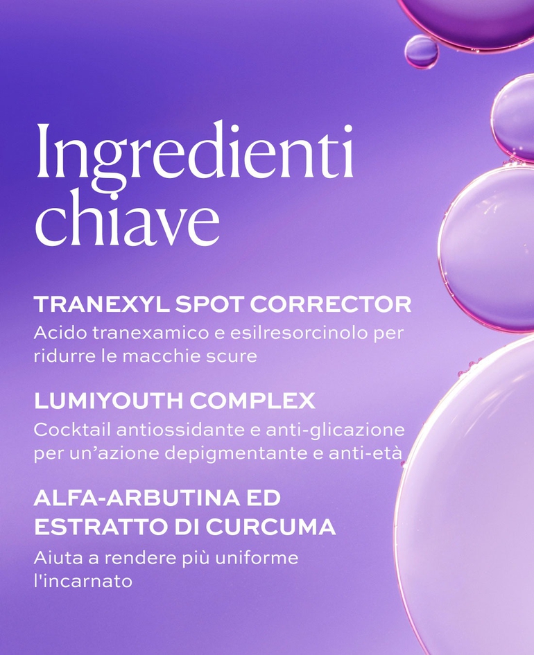 Tranexyl Spot Corrector Acido tranexamico e esilresorcinolo per ridurre le macchie scure  Lumiyouth Complex Cocktail antiossidante e anti-glicazione per un&rsquo;azione depigmentante e anti-et&agrave;  Alfa-arbutina ed estratto di curcuma