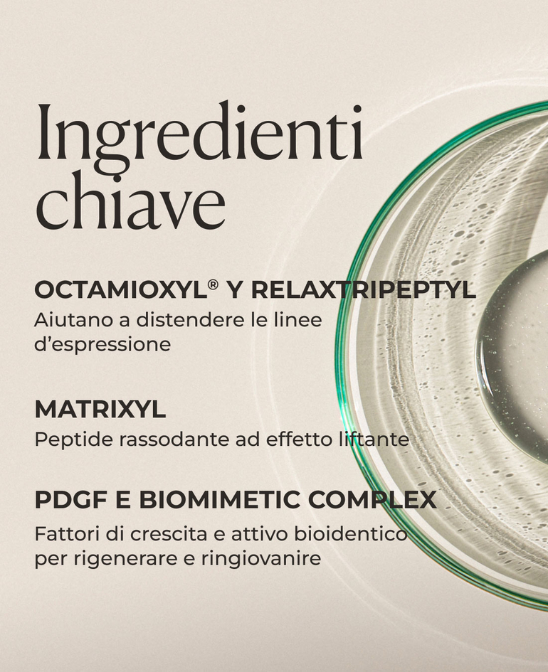 Octamioxyl&reg; e RelaxTripeptyl Aiutano a distendere le linee d&rsquo;espressione  Matrixyl Peptide rassodante ad effetto liftante  PDGF e BioMimetic Complex Fattori di crescita e attivo bioidentico per rigenerare e ringiovanire  Dermafill Complex-III