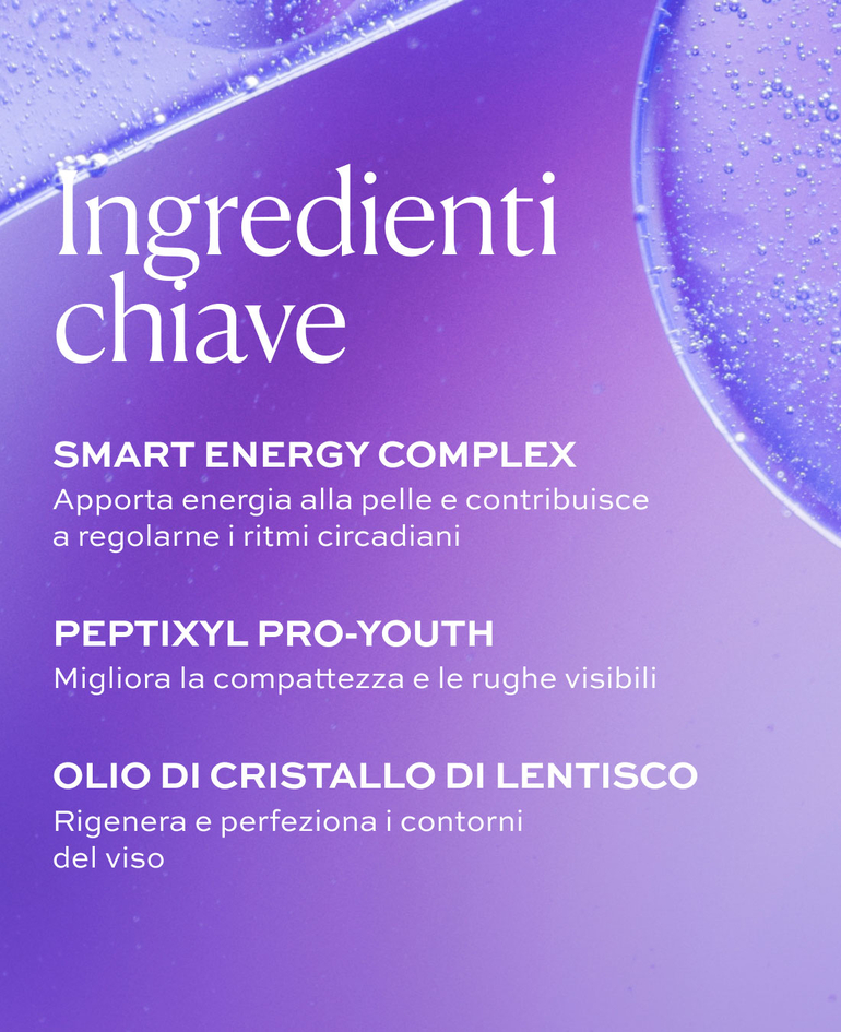 Ingredienti chiave  Smart Energy Complex Apporta energia alla pelle e contribuisce a regolarne i ritmi circadiani  Peptixyl ProYouth Migliora la compattezza e le rughe visibili  Olio di cristallo di lentisco