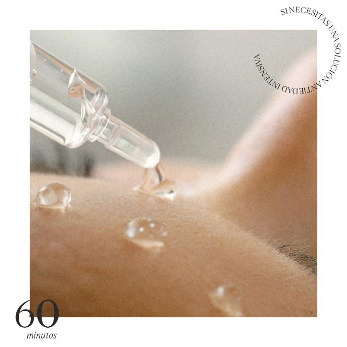 Ampollas de textura gel aplicadas en rostro de mujer. Hay un texto que lee 60-90 minutos