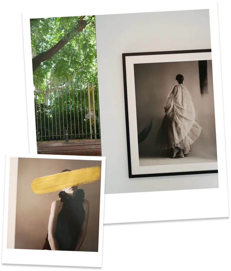 Collage featuring two polaroid style pictures, the first one shows the inside of Alzueta gallery with a black and white picture of a woman giving her back to the camera, the second one is again a black and white picture of a woman facing the camera with a thick yellow paint stroke covering her face