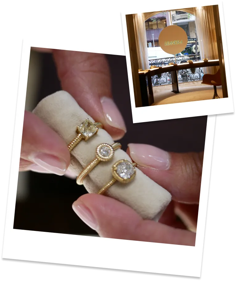 Collage featuring two polaroid style pictures, the first one shows three golden rings by Leandra Studio, the second one is a photo of the Leandra Studio store.