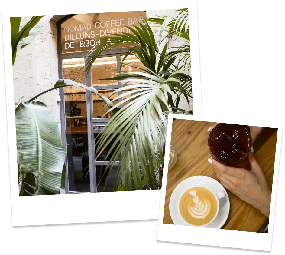 Collage featuring two polaroid style pictures, the first one shows the entrance to Nomad Coffee in El Born, between lots of monsteras, the second one shows a cup of coffee with latte art and a glass os juice.