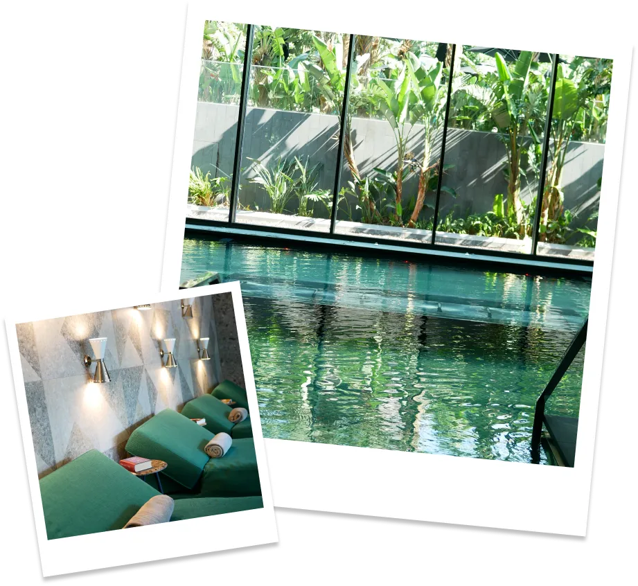 Collage featuring two polaroid style pictures, the first one shows a swimming pool and the second one shows a couple of chaise lounges with neatly folded towels.