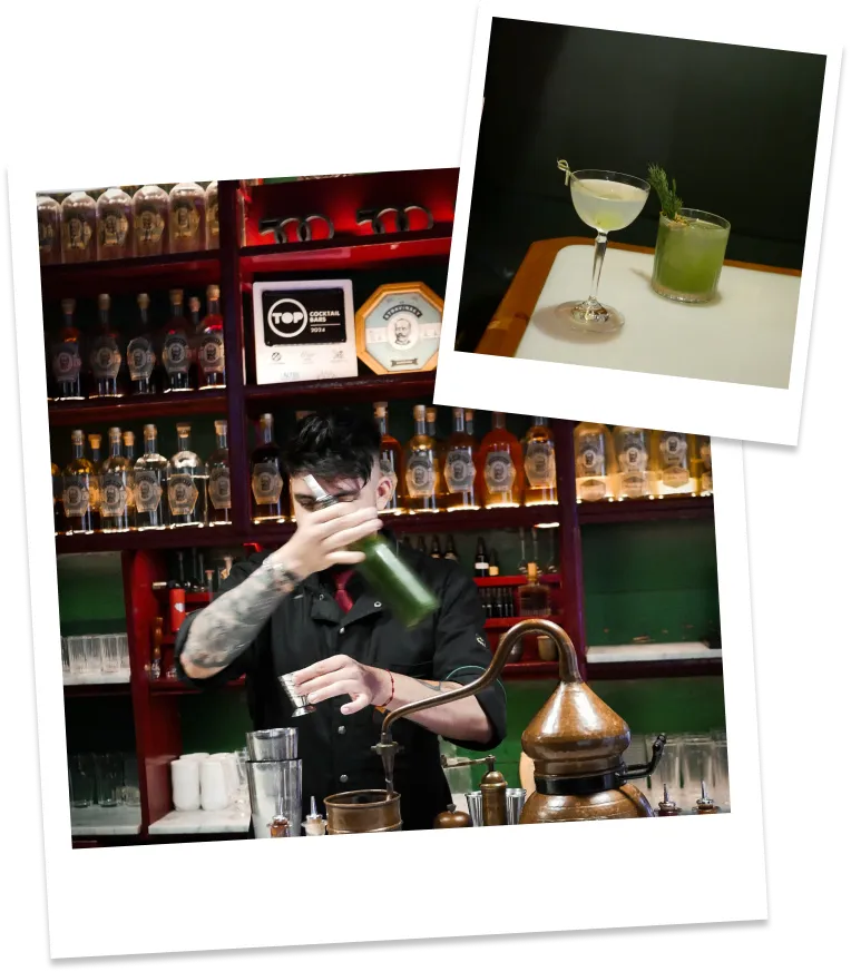 Collage featuring two polaroid style pictures, the first one shows a barman mixing a drink in a moody ambience. The second one shows two