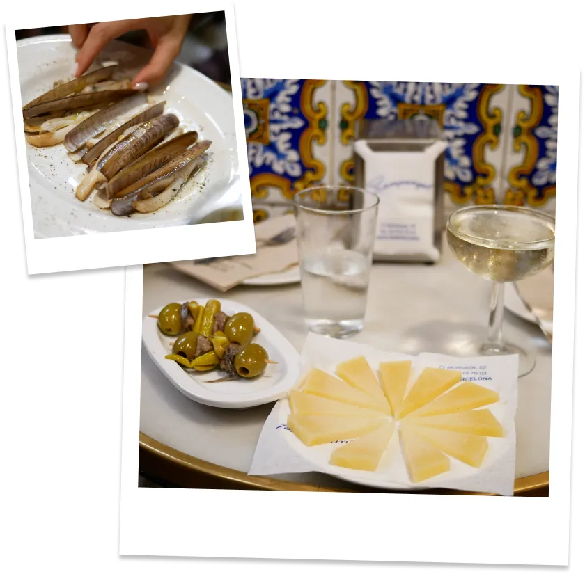 Collage featuring two polaroid style pictures, the first one shows two tapas dishes: queso manchego and olives with sardines, the second one are grilled razor clams.