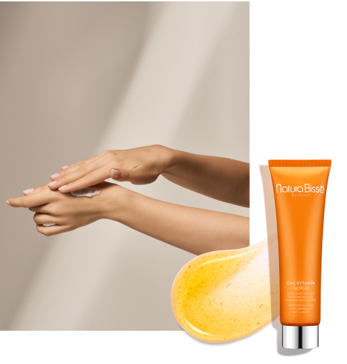 Collage featuring C+C Vitamin scrub, its texture with microgranules and hands applying scrub