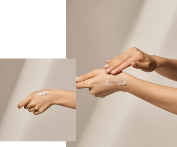 Two images of a sequence of a woman applying hand cream