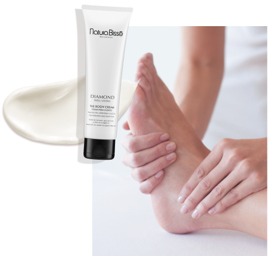 Collage featuring Diamond Well-Living The Body Cream, its texture and a woman applying it to her feet