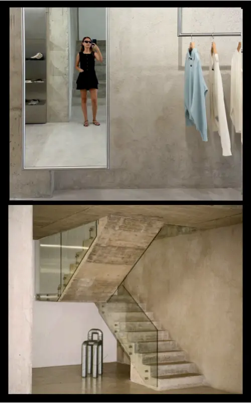 Two photos, the first shows Valeria Vasi in front of a mirror and a rack of clothes in pastel tones, the second shows a concrete staircase with glass detailing