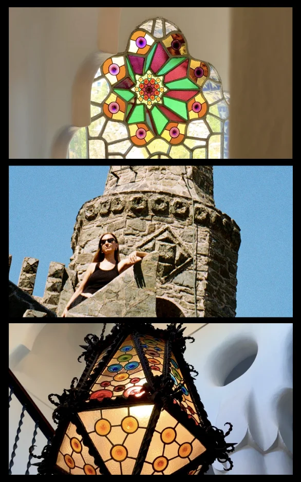 Three photos: the first features a colorful vitreaux, the second the tower from the outside and the third one an iconic lamp