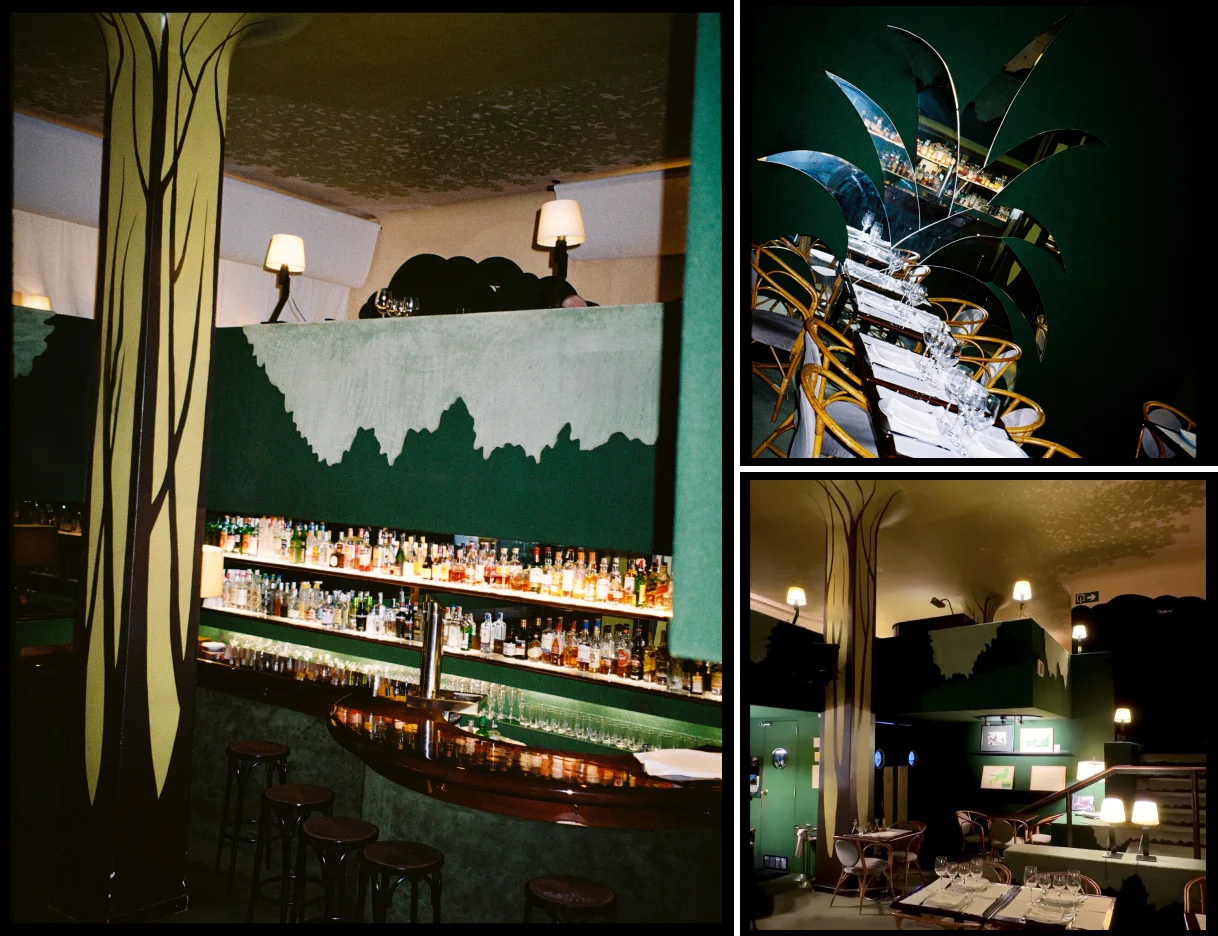Three images of Il Giardinetto Restaurant: a set table, the main bar and the forest-like decoration