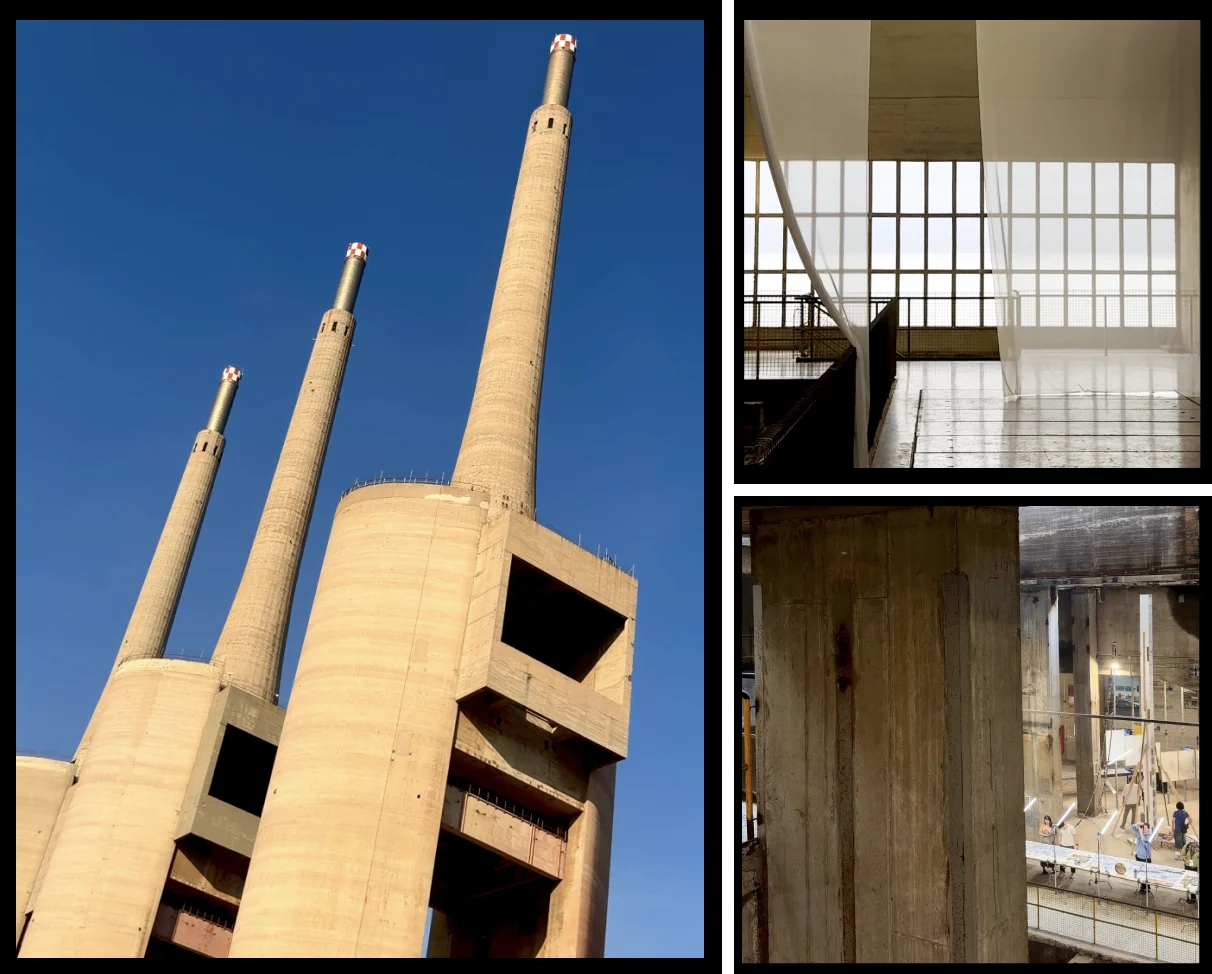 Three photos of The Three Chimneys featuring diverse modern works of art in an industrial style space