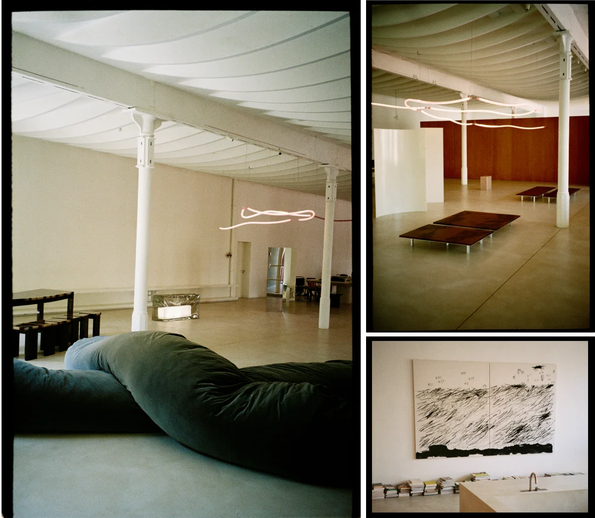 Three photos of Vasto Gallery featuring diverse modern works of art in an industrial style space