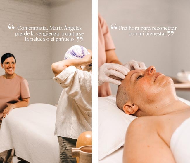 Foto de paciente con cancer recibiendo un tratamiento de estética oncológica. sobre la imagen hay un texto que lee: Con empatía María Ángeles pierde la vergüenza aquitarse la peluca o el pañuelo.