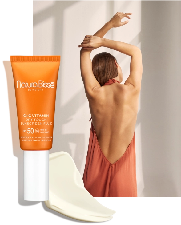 Collage of C + C SPF 50 Dry Touch Sunscreen Fluid, its texture and model