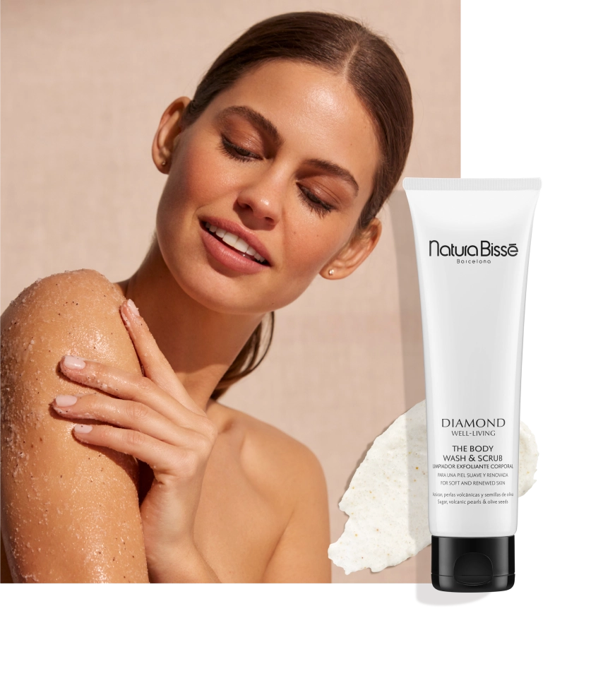 Collage of Diamond Well-living Body Wash & Scrub, its texture and model applying the product
