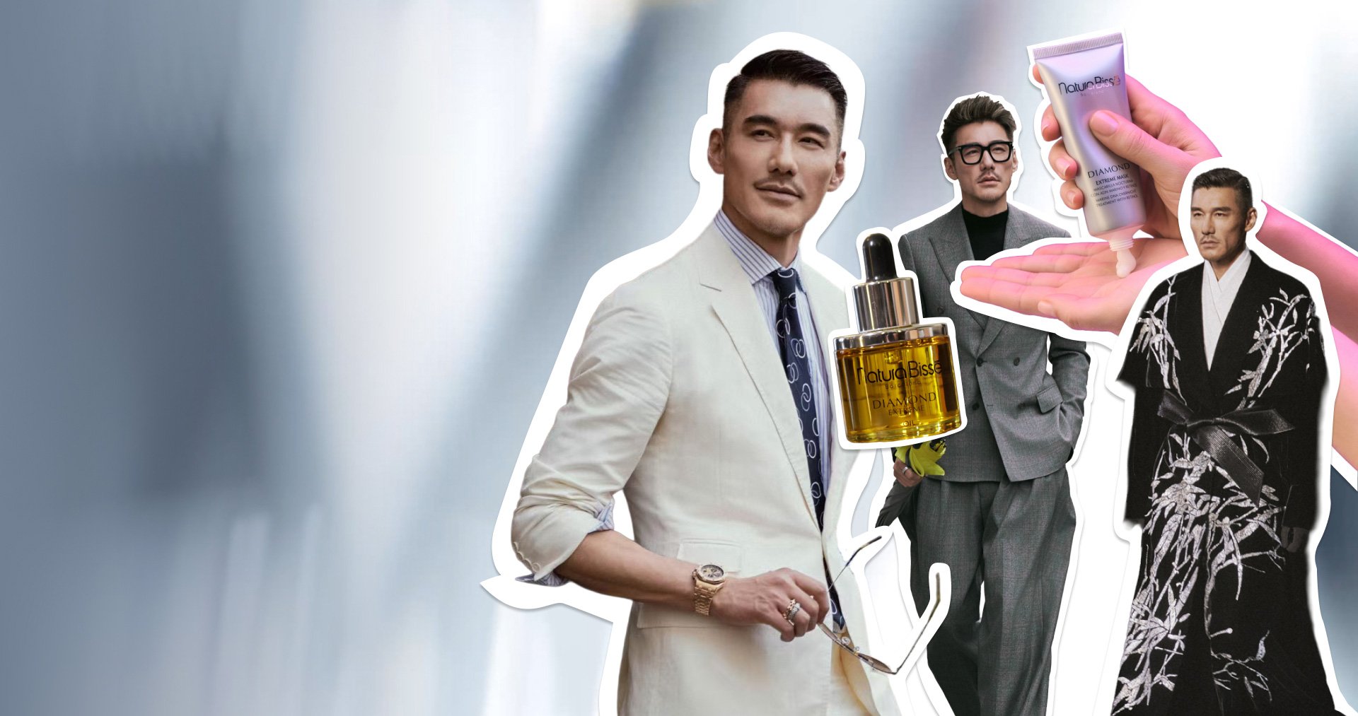 Collage con el influencer chino Hu Bing y sus productos favoritos de Natura Bissé: Diamond Extreme Oil y Diamond Extreme Mask