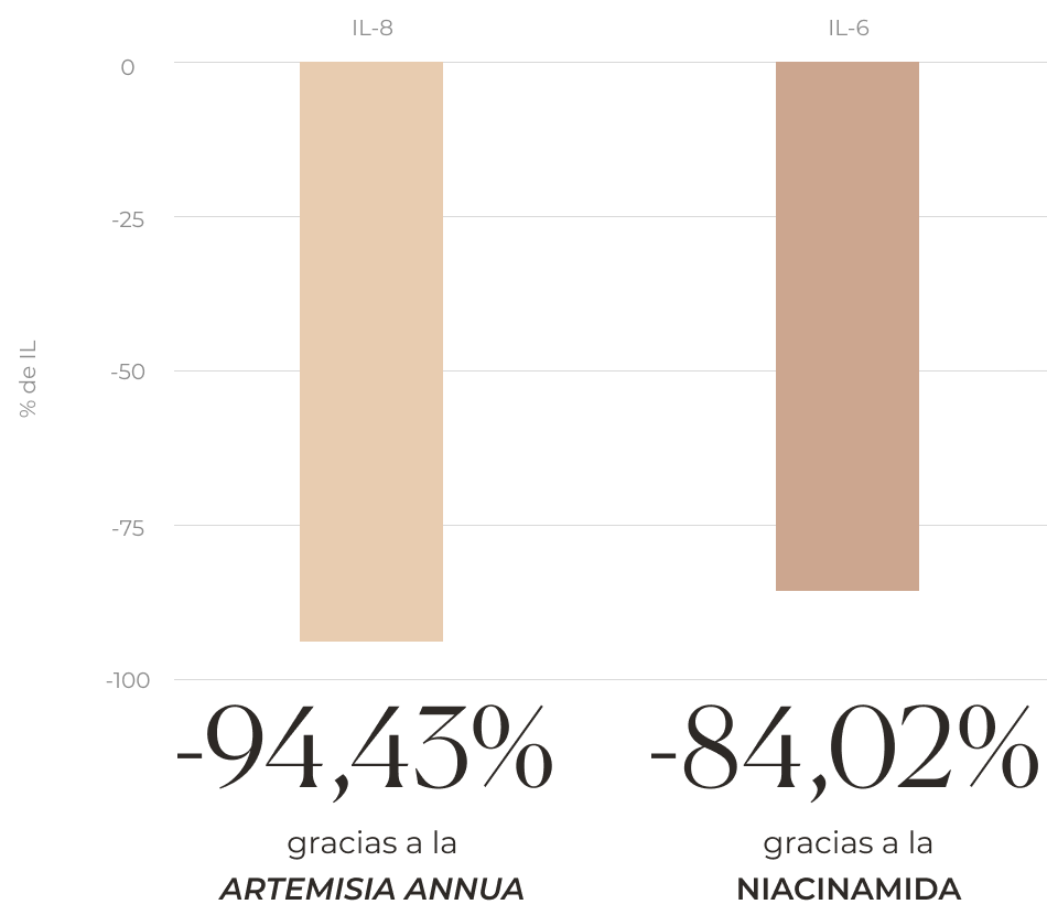 Gráfica de barras que expresa cómo el porcentaje de citoquinas IL-8 se reduce en un 94,43% gracias a la artemisia annua, y las citoquinas IL-6 se reducen un 84,02% gracias a la niacinamida. 